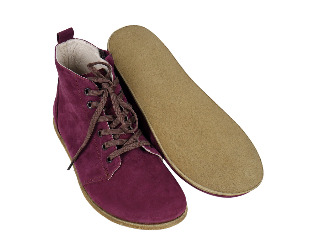 Nubuck Barefoot Laces Short Boots Shoes – Classic Sole — Leather Sole – Burgundy