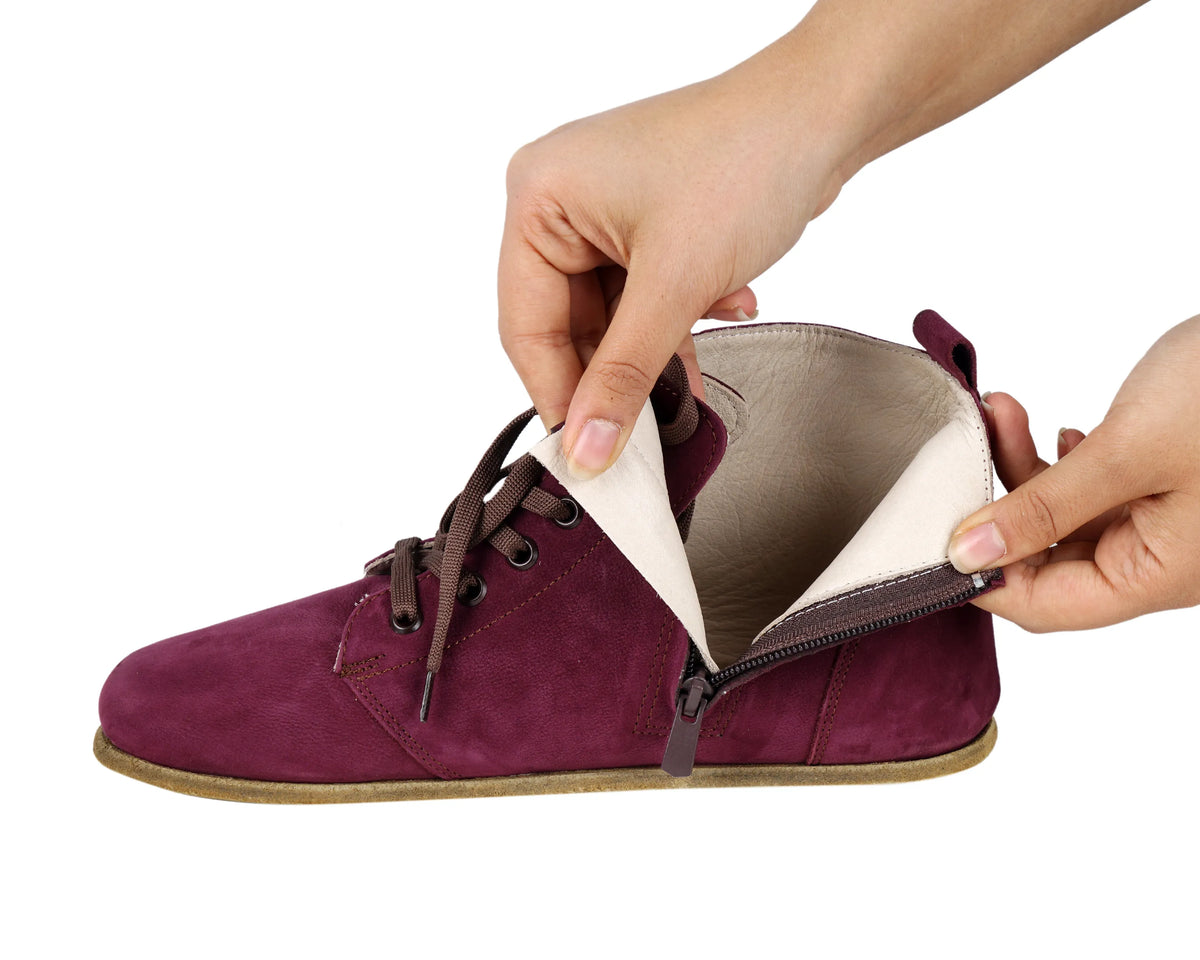 Nubuck Barefoot Laces Short Boots Shoes – Classic Sole — Leather Sole – Burgundy