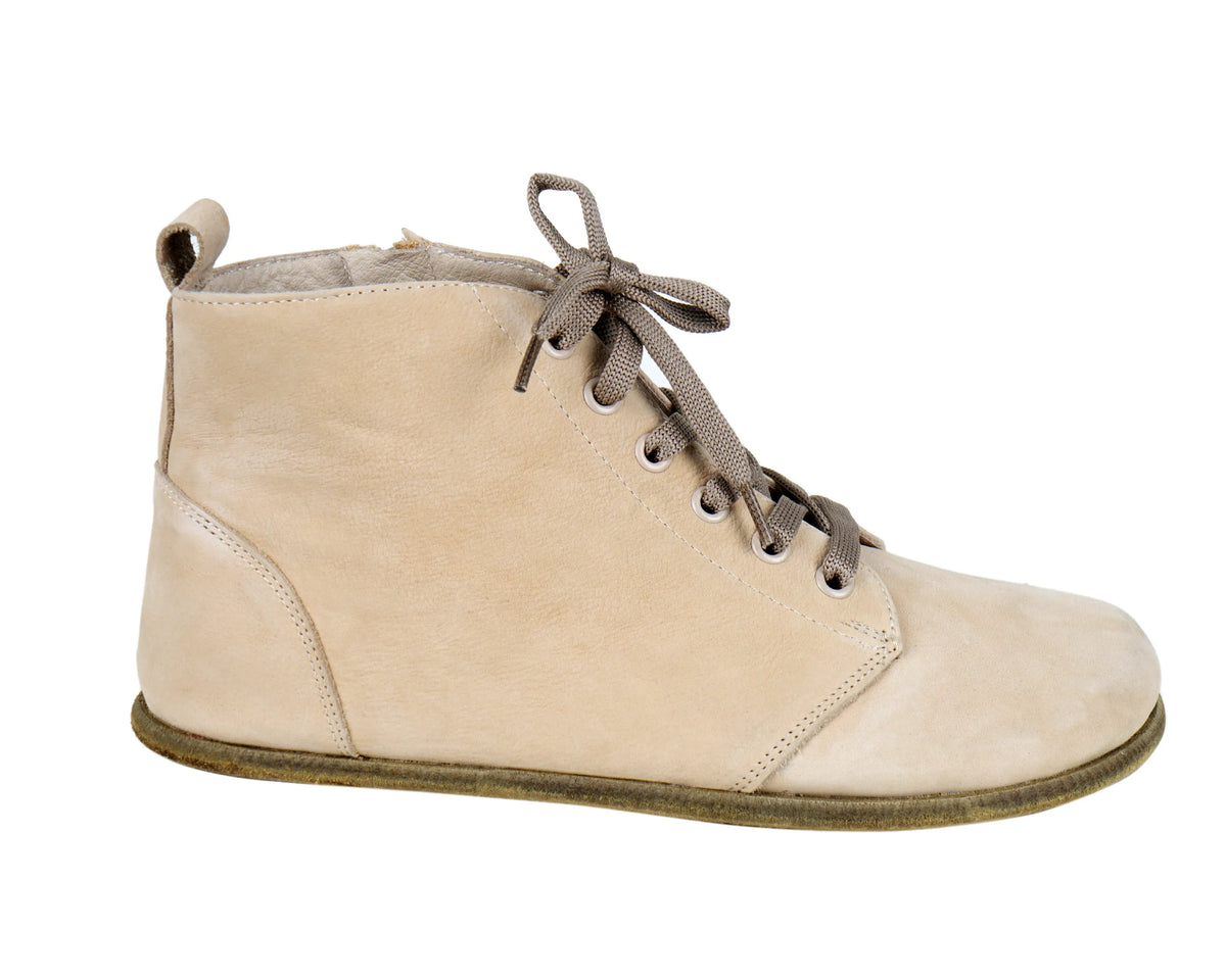 Nubuck Barefoot Laces Short Boots Shoes – Classic Sole — Leather Sole – Cream
