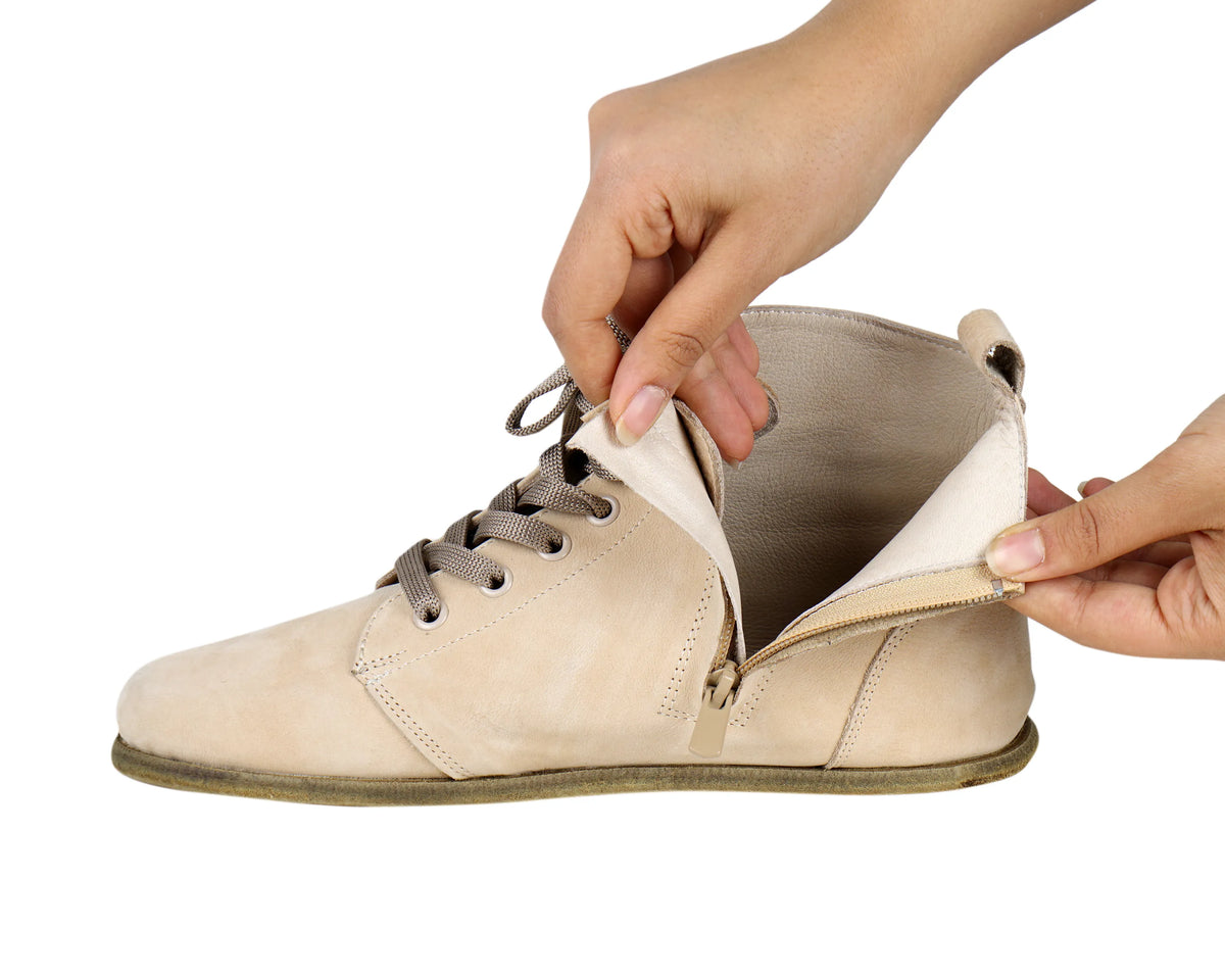 Nubuck Barefoot Laces Short Boots Shoes – Classic Sole — Leather Sole – Cream