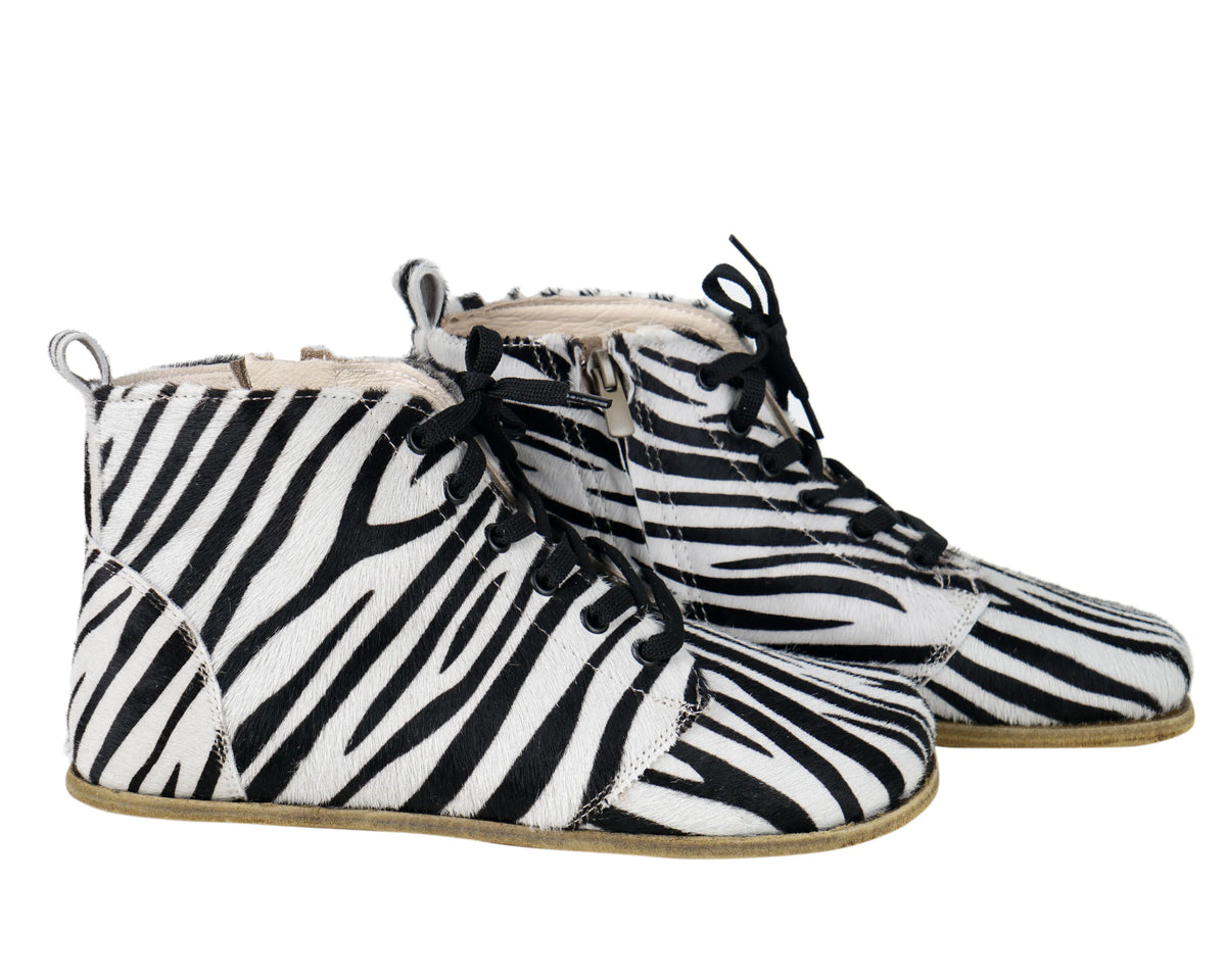 Hair Barefoot Laces Short Boots Shoes – Classic Sole — Leather Sole – Zebra