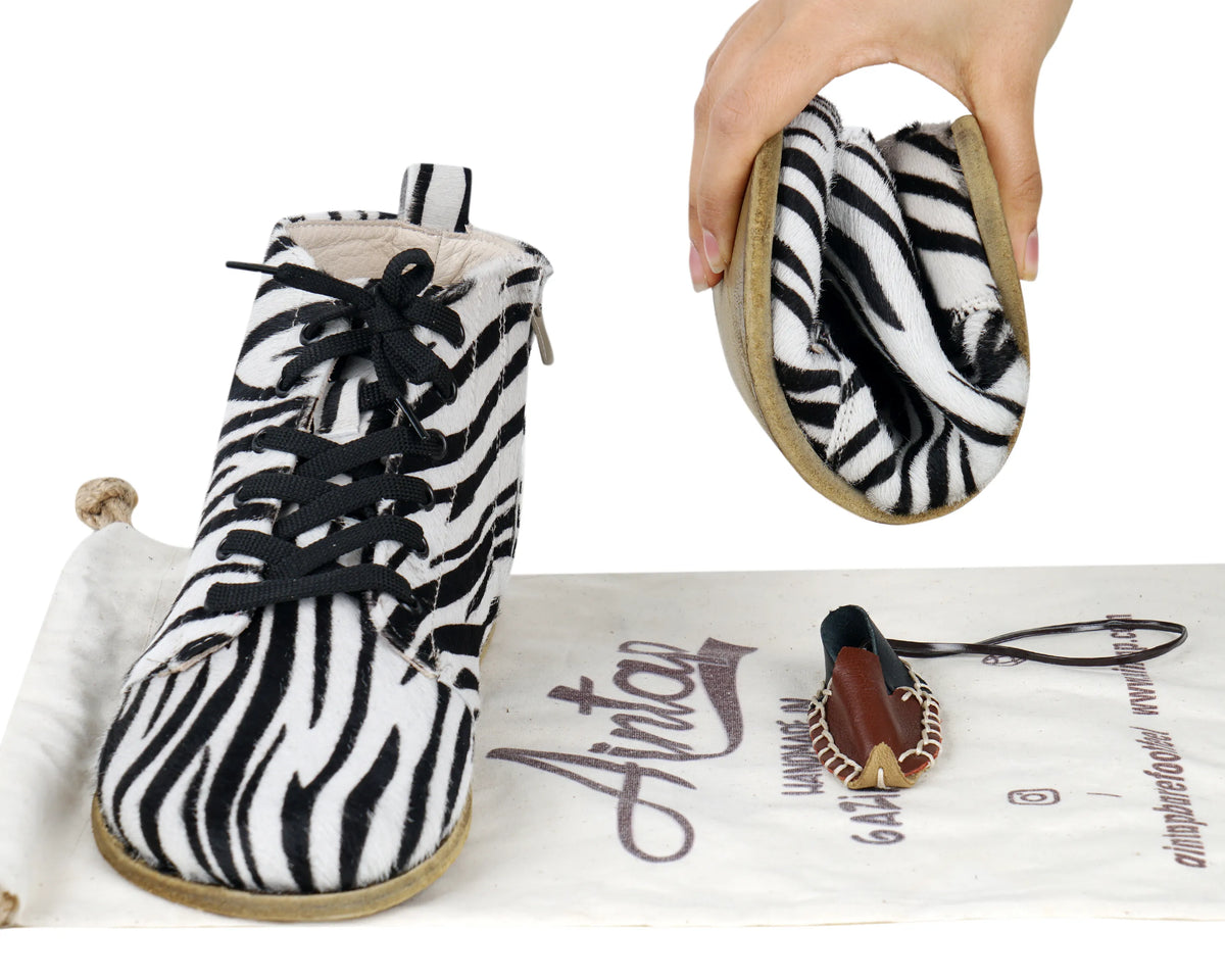 Hair Barefoot Laces Short Boots Shoes – Classic Sole — Leather Sole – Zebra