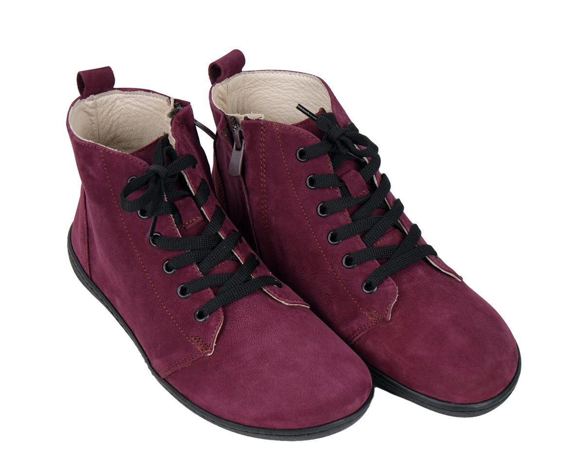 Nubuck Barefoot Laces Short Boots Shoes – 6mm Rubber Sole – Burgundy