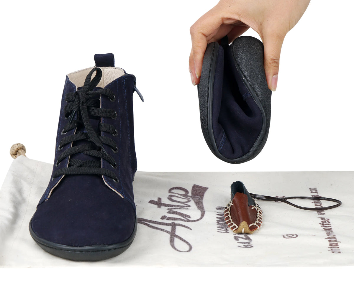 Nubuck Barefoot Laces Short Boots Shoes – 6mm Rubber Sole – Navy Blue