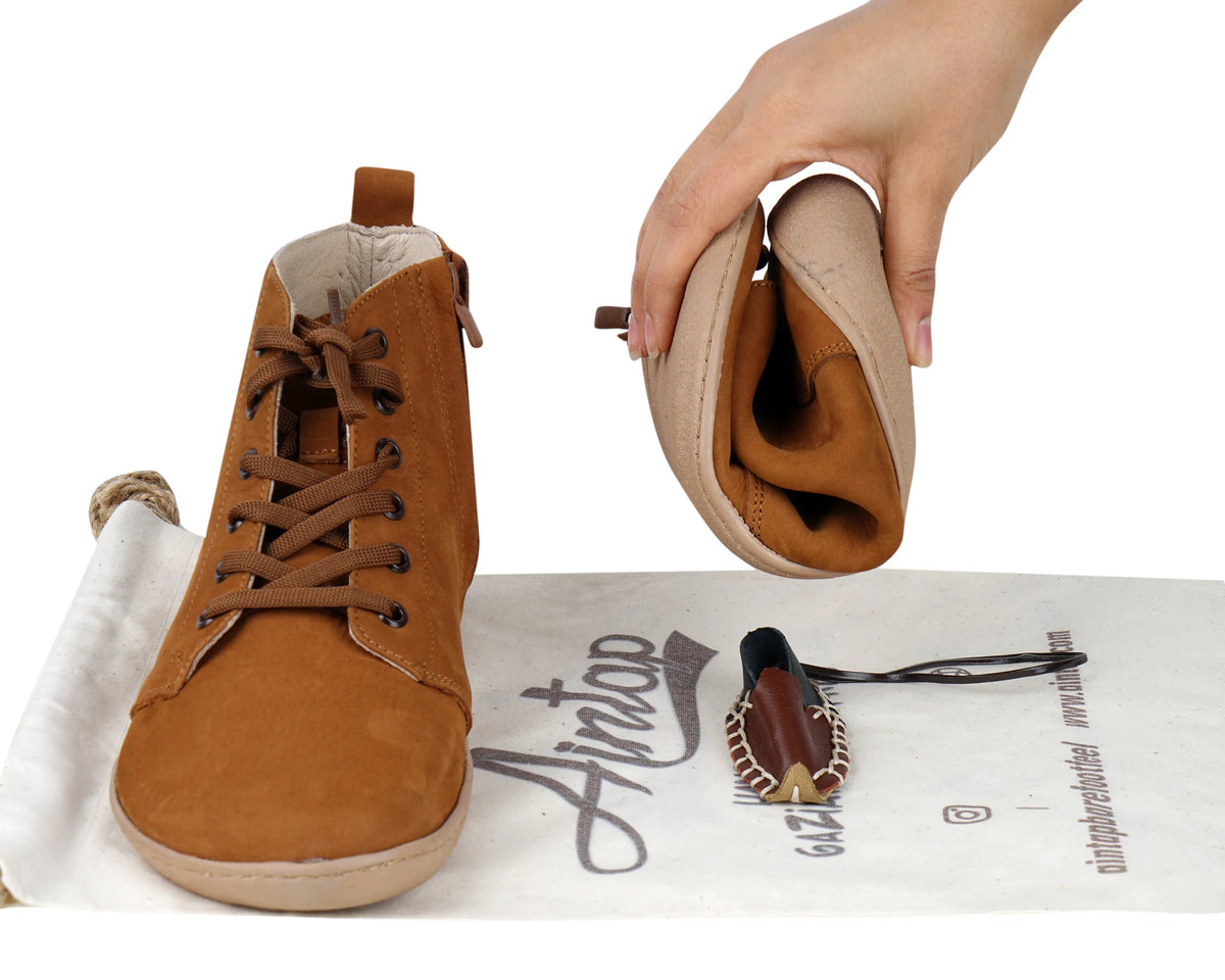 Nubuck Barefoot Laces Short Boots Shoes – 6mm Rubber Sole – Tan