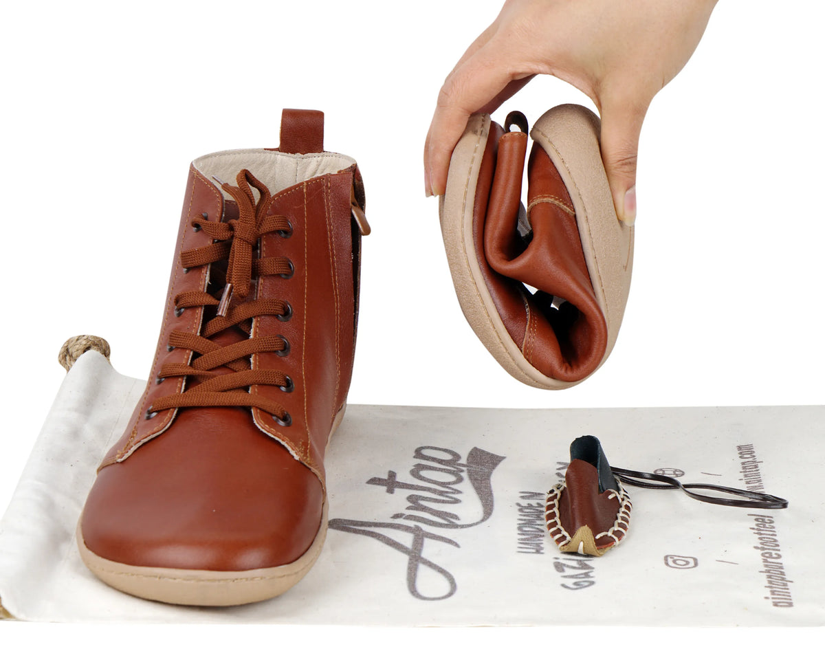 Smooth Barefoot Laces Short Boots Shoes – 6mm Rubber Sole – Brown