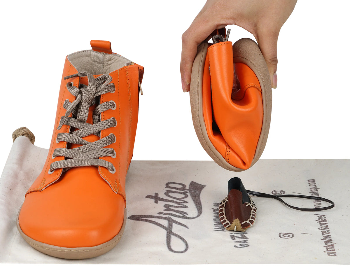 Smooth Barefoot Laces Short Boots Shoes – 6mm Rubber Sole – Orange