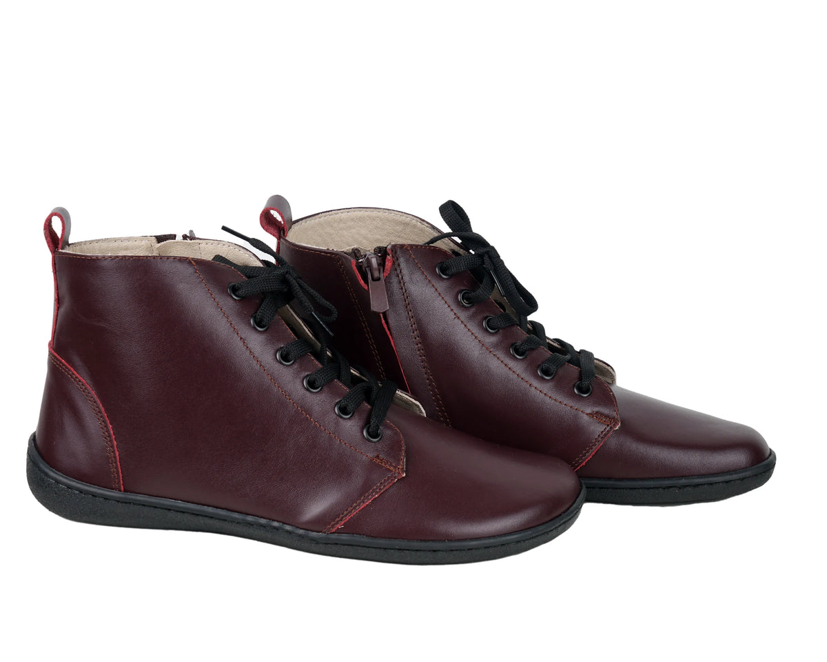 Smooth Barefoot Laces Short Boots Shoes – 6mm Rubber Sole – Burgundy