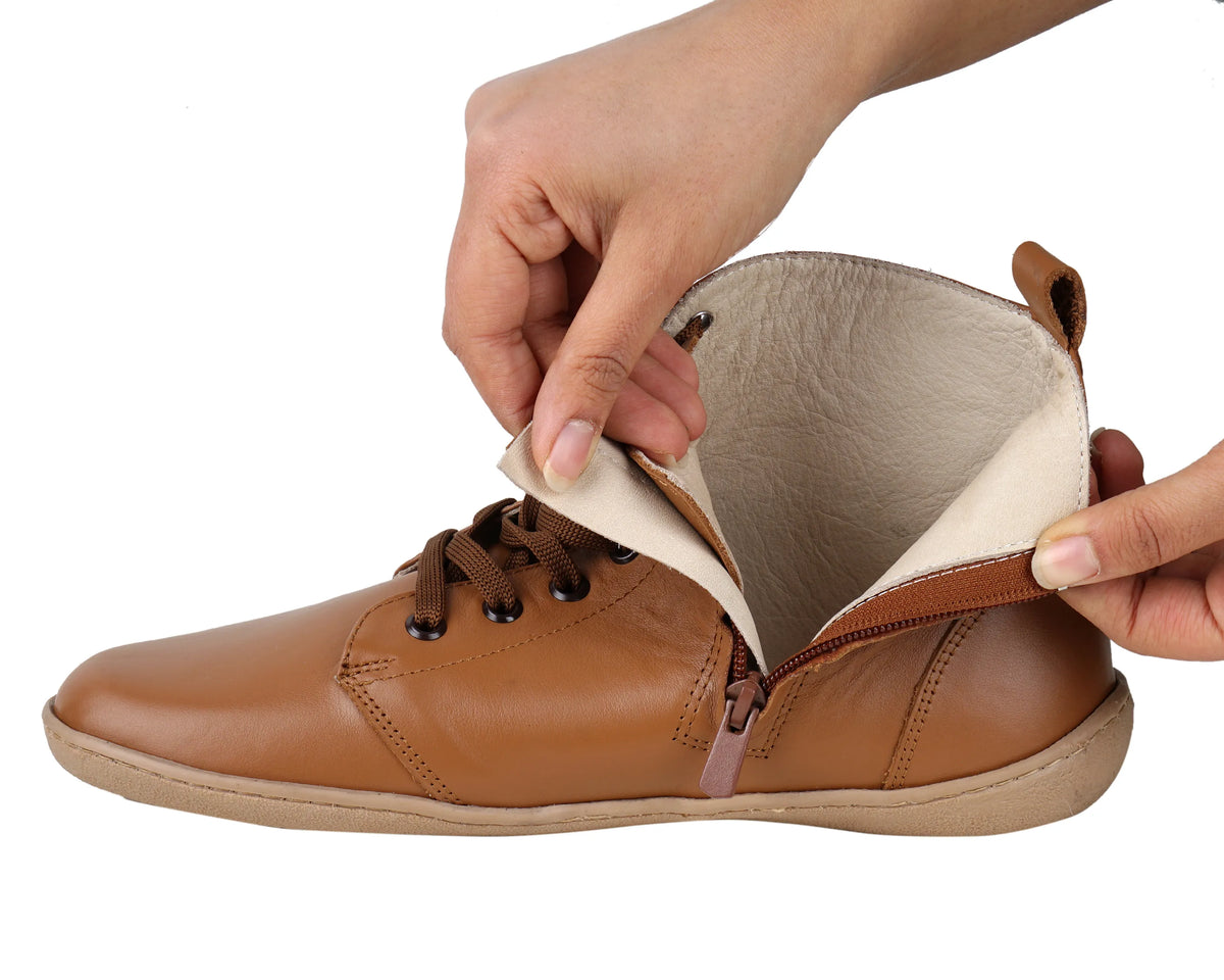 Smooth Barefoot Laces Short Boots Shoes – 6mm Rubber Sole – Tan