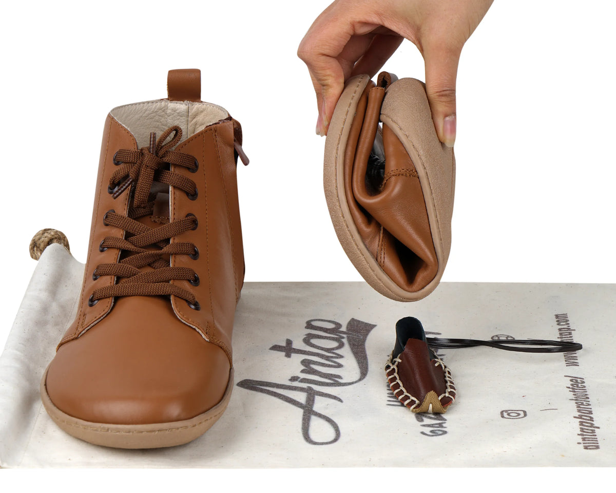 Smooth Barefoot Laces Short Boots Shoes – 6mm Rubber Sole – Tan