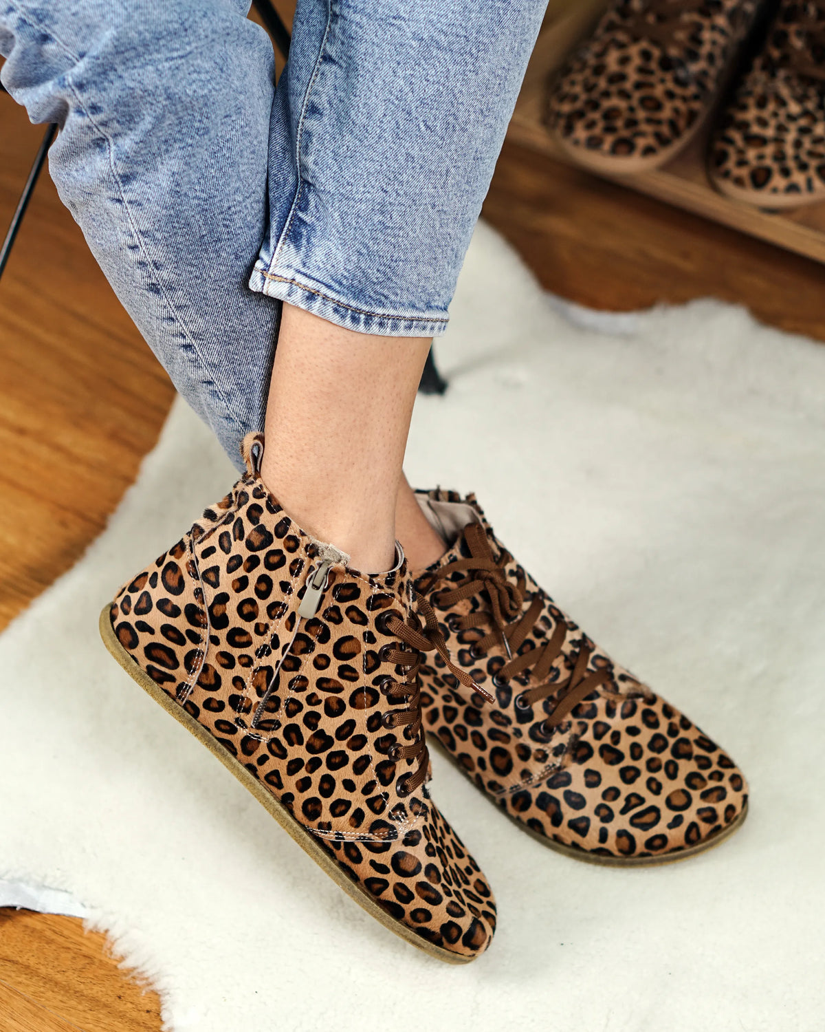 Hair Barefoot Laces Short Boots Shoes – Classic Sole — Leather Sole – Leopard