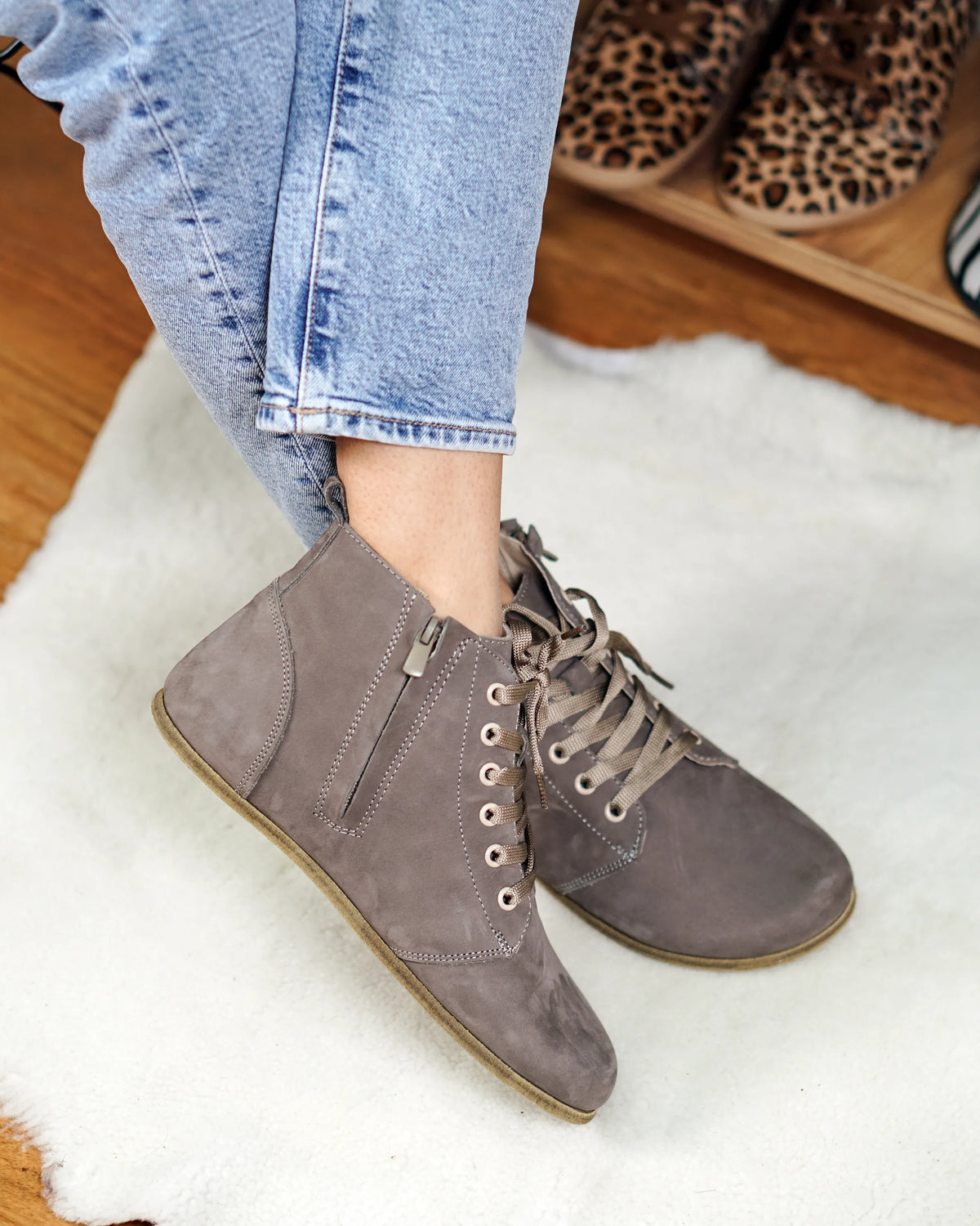 Nubuck Barefoot Laces Short Boots Shoes – Classic Sole — Leather Sole – Gray