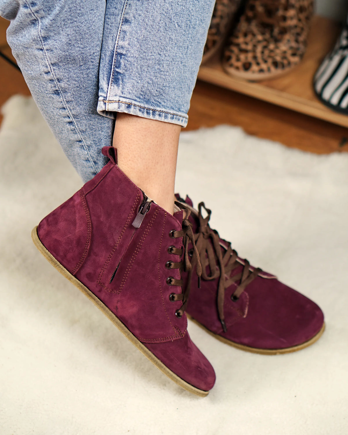 Nubuck Barefoot Laces Short Boots Shoes – Classic Sole — Leather Sole – Burgundy