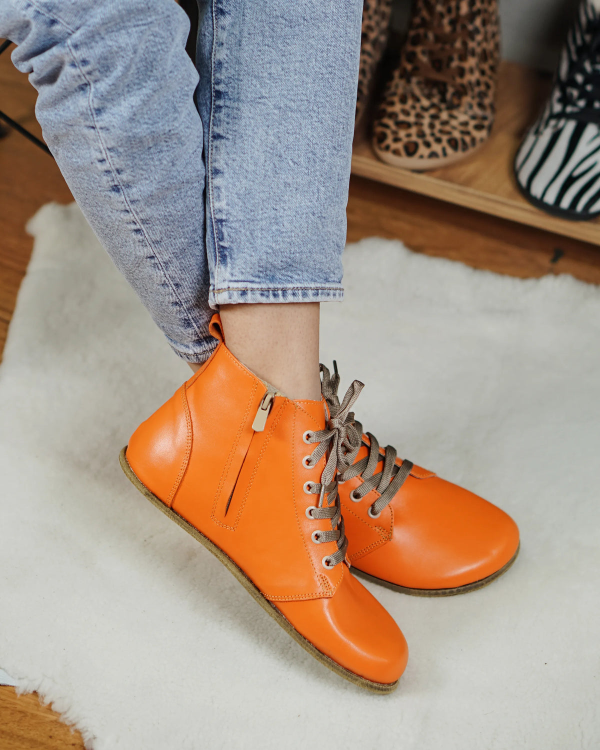 Smooth Barefoot Laces Short Boots Shoes – Classic Sole — Leather Sole – Orange