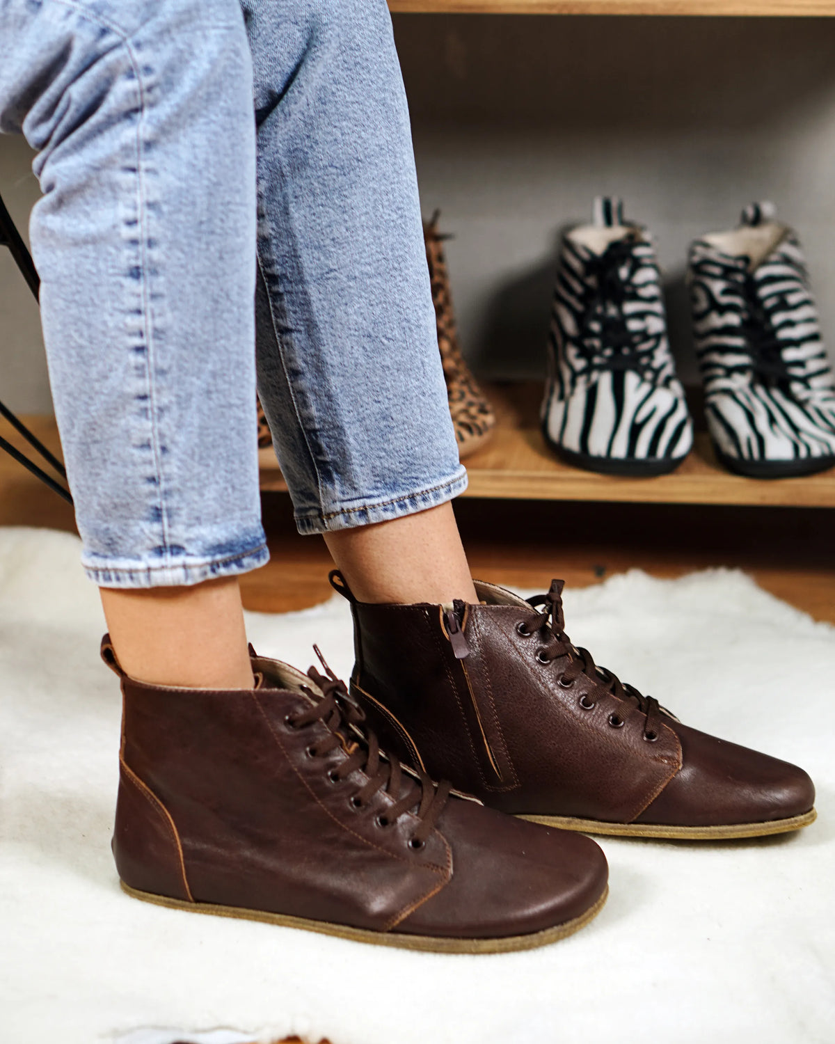 Smooth Barefoot Laces Short Boots Shoes – Classic Sole — Leather Sole – Dark Brown