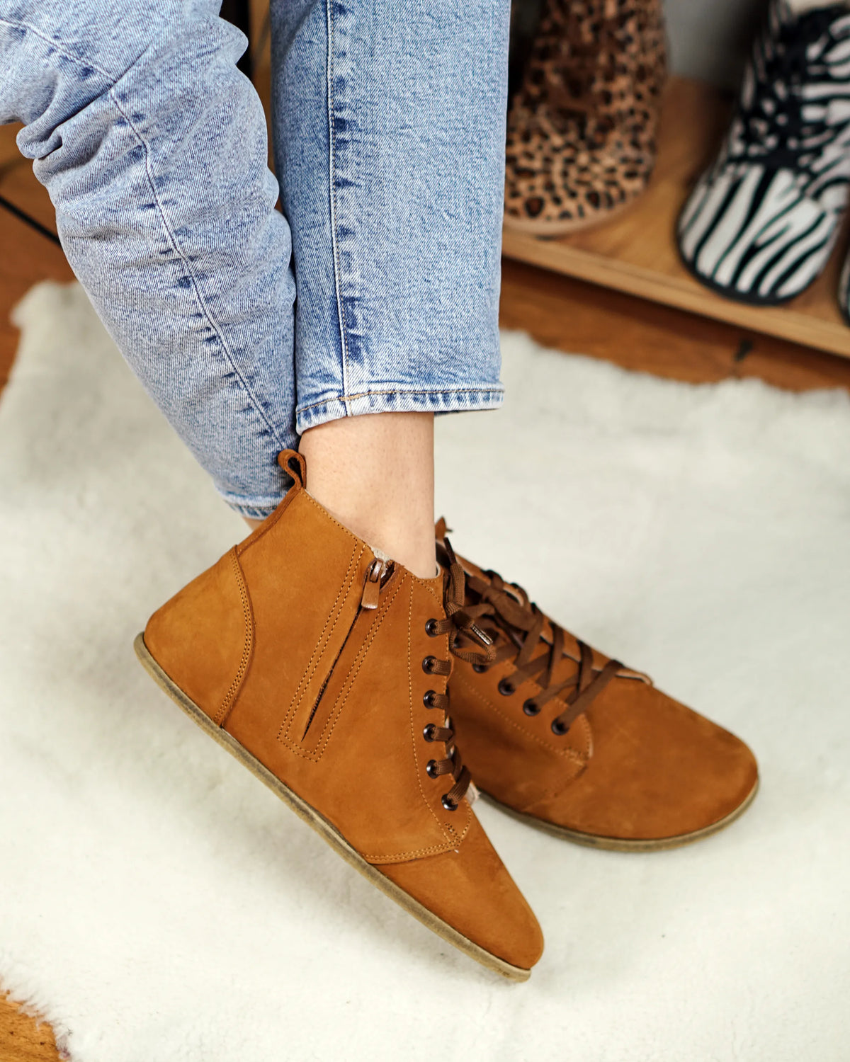 Nubuck Barefoot Laces Short Boots Shoes – Classic Sole — Leather Sole – Tan