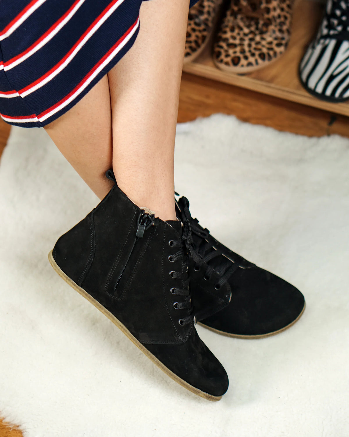 Nubuck Barefoot Laces Short Boots Shoes – Classic Sole — Leather Sole – Black