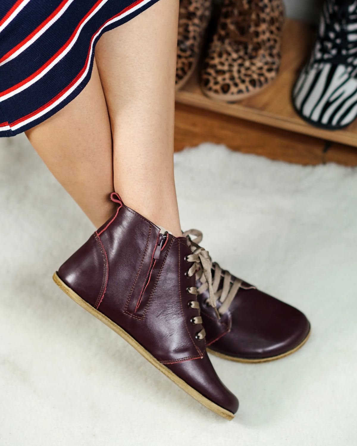 Smooth Barefoot Laces Short Boots Shoes – Classic Sole — Leather Sole – Burgundy