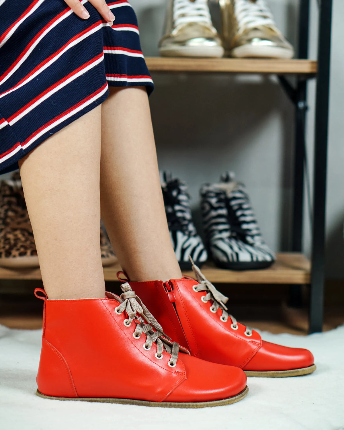 Smooth Barefoot Laces Short Boots Shoes – Classic Sole — Leather Sole – Red