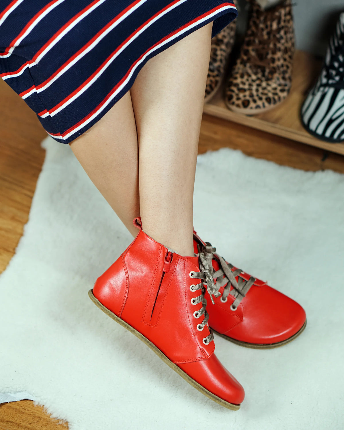 Smooth Barefoot Laces Short Boots Shoes – Classic Sole — Leather Sole – Red