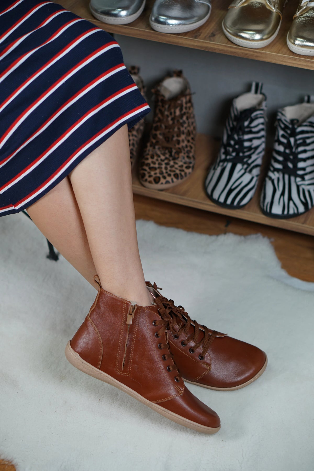 Smooth Barefoot Laces Short Boots Shoes – 6mm Rubber Sole – Brown