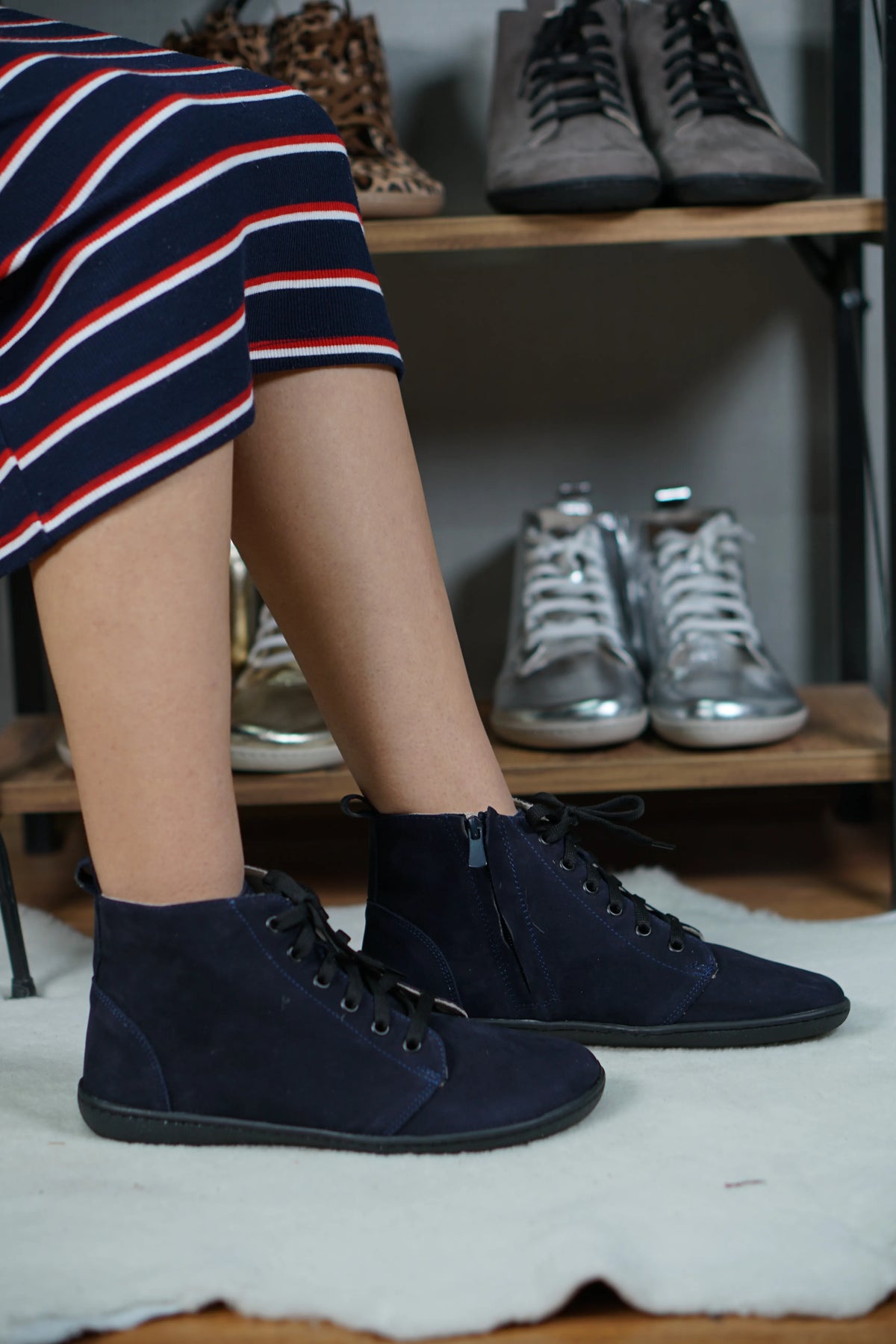 Nubuck Barefoot Laces Short Boots Shoes – 6mm Rubber Sole – Navy Blue