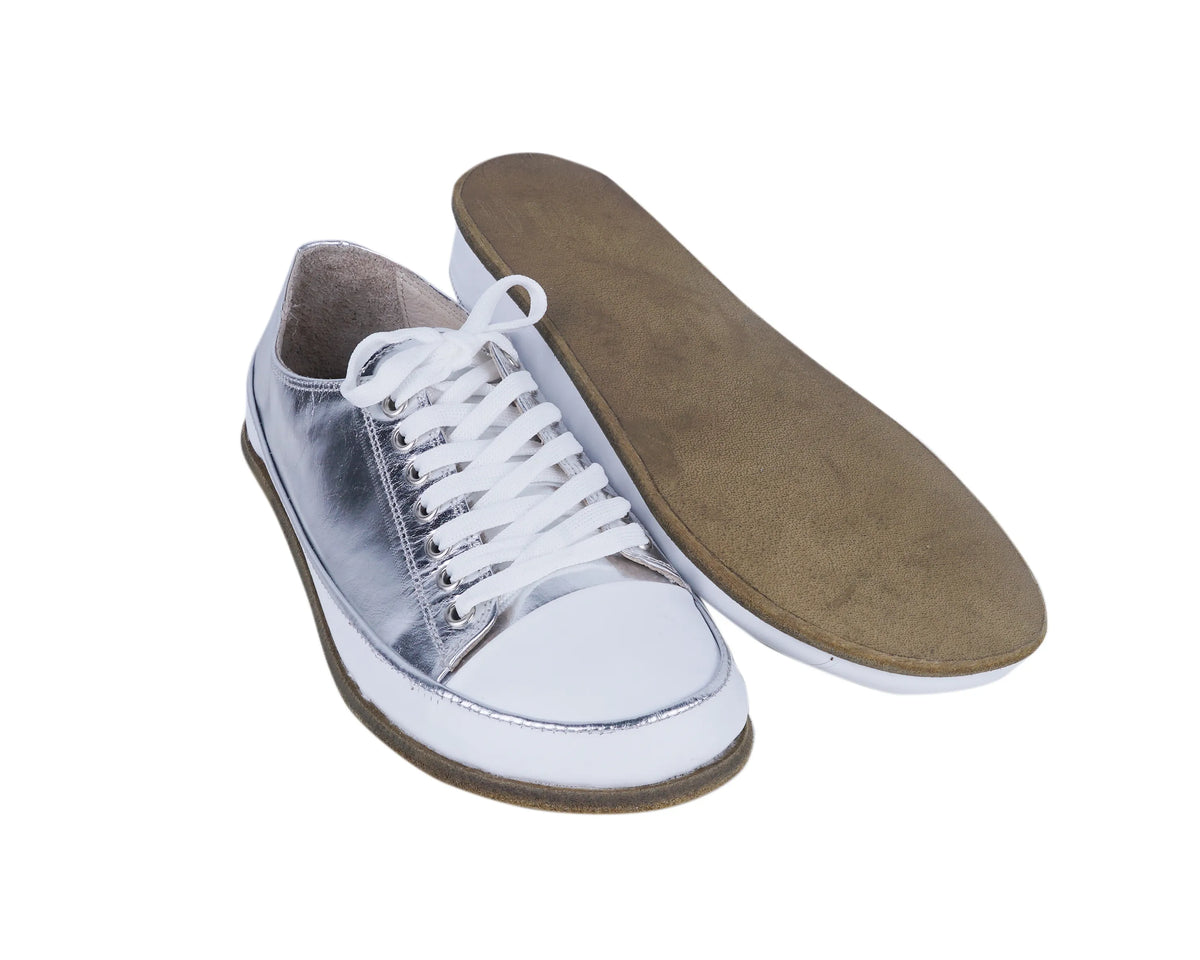 Bright Barefoot Converse Shoes – Classic Sole — Leather Sole – Silver