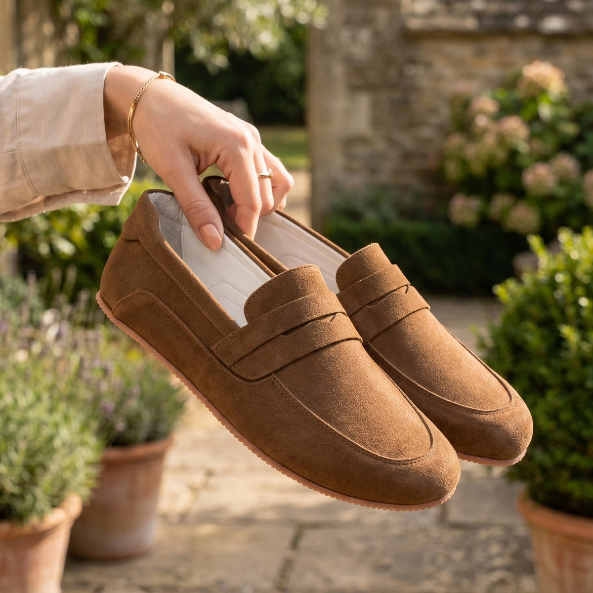 Suede Barefoot Penny Loafer Shoes – Rubber Sole – Tan
