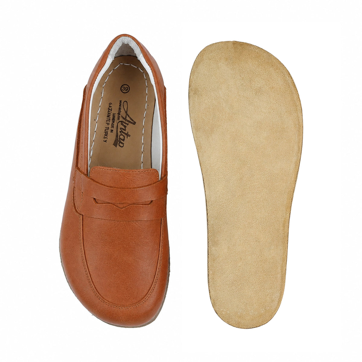 Smooth Barefoot Penny Loafer Shoes – Classic Sole — Leather Sole – Tan