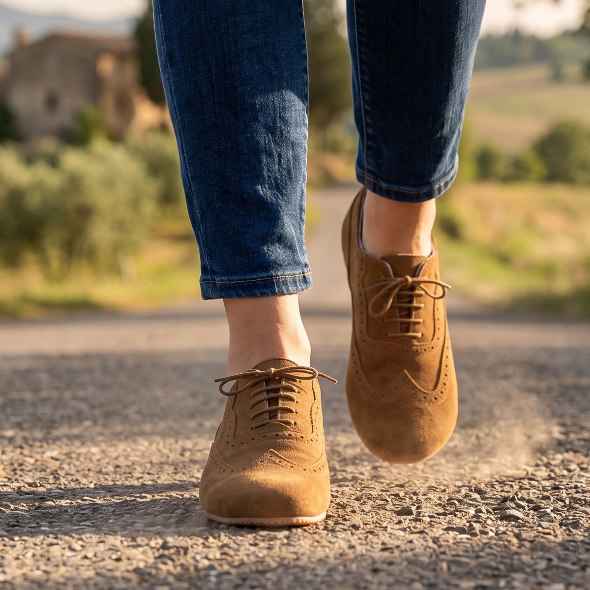 Suede Barefoot Moccasin Shoes – Rubber Sole – Tan
