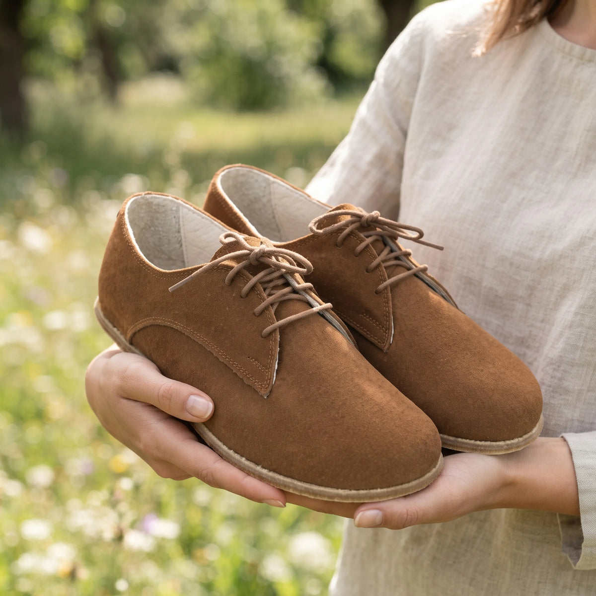 Suede Barefoot Oxford Shoes – Classic Sole — Leather Sole – Tan