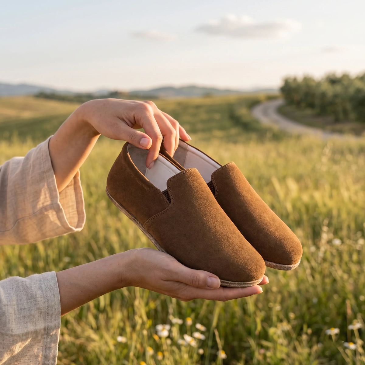 Suede Barefoot Slip-On Shoes – Classic Sole — Leather Sole – Tan