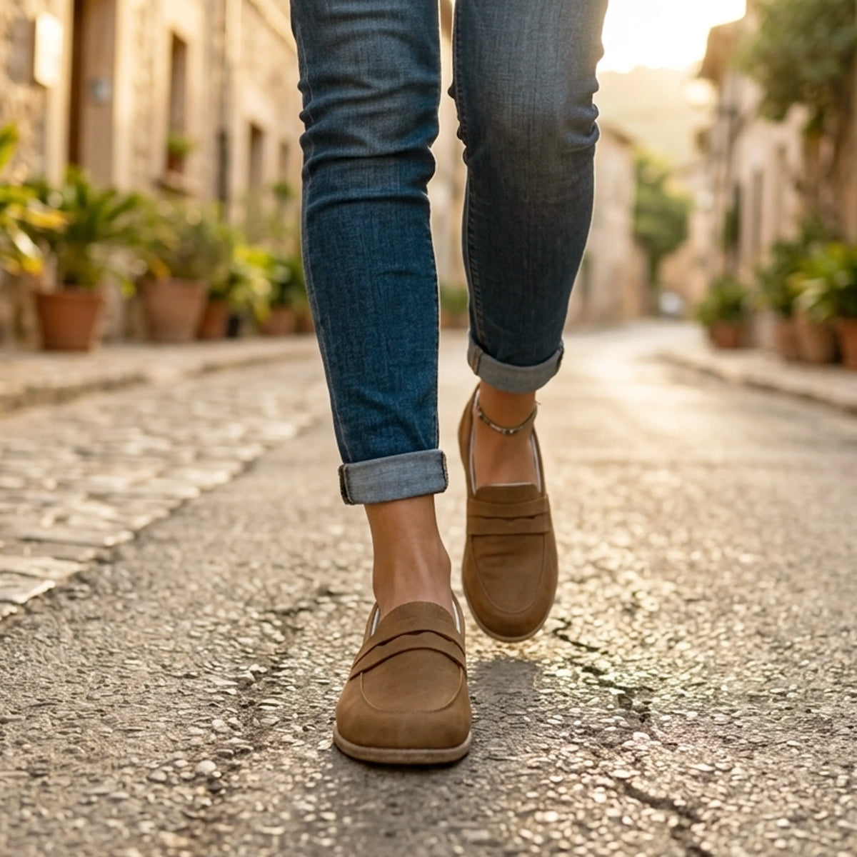Suede Barefoot Penny Loafer Shoes – Classic Sole — Leather Sole – Tan