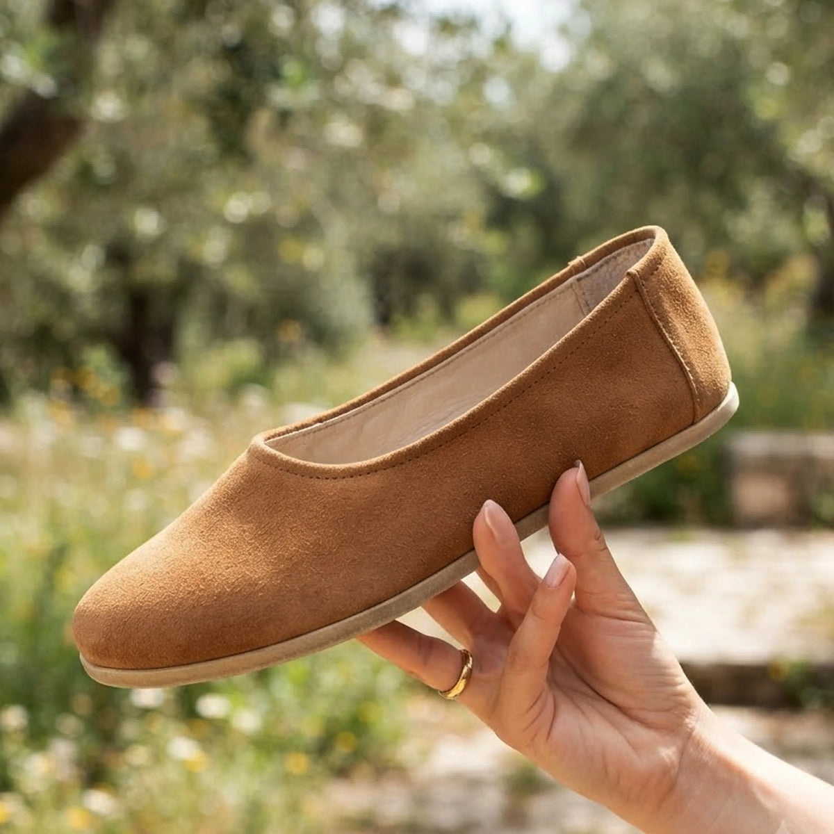 Suede Barefoot Ballet Shoes – Classic Sole — Leather Sole – Tan