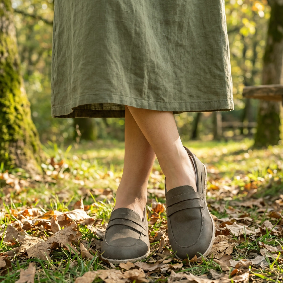 Smooth Barefoot Penny Loafer Shoes – Classic Sole — Leather Sole – Olive Green