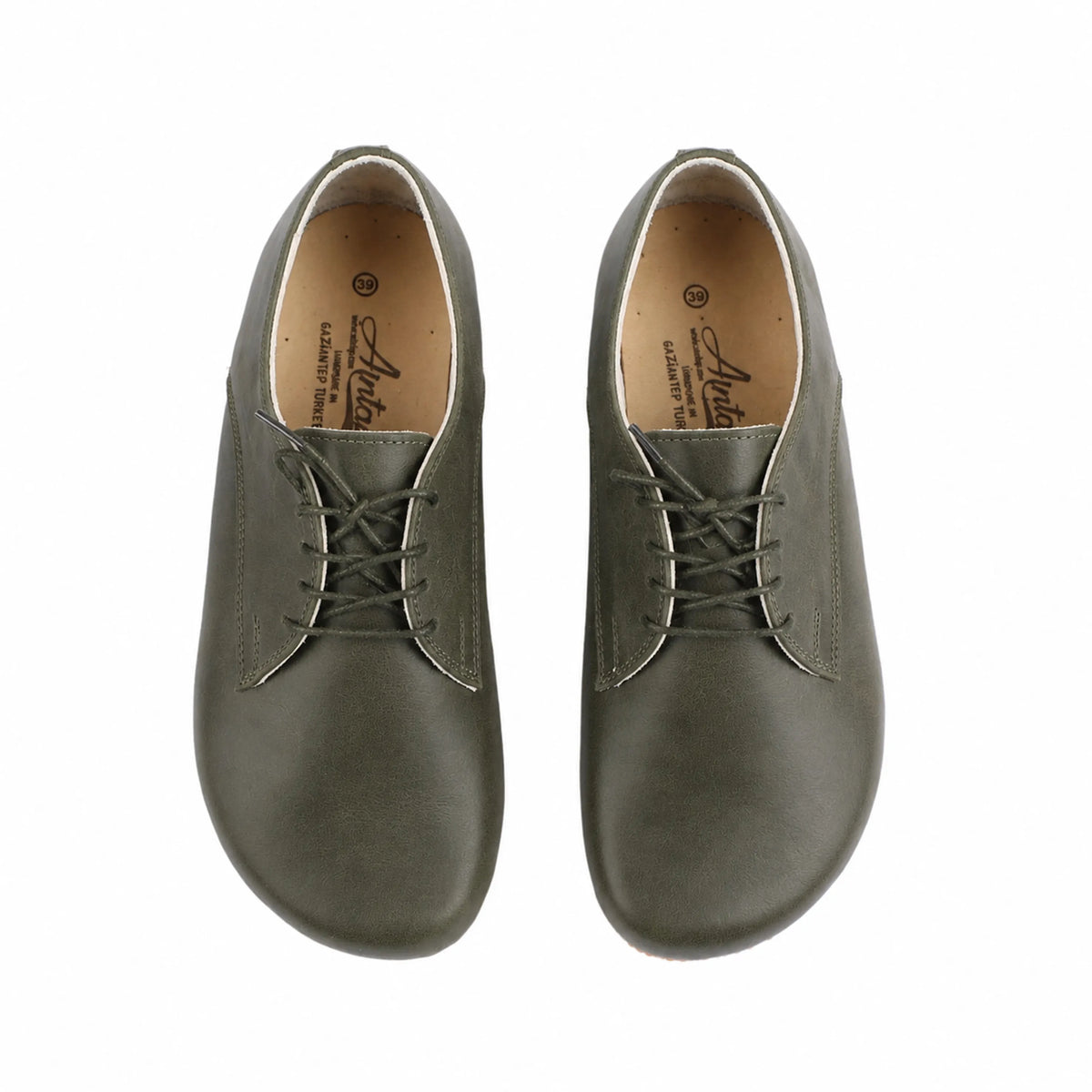 Smooth Barefoot Oxford Shoes — Leather Sole – Olive Green