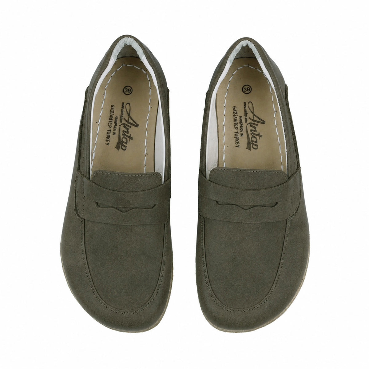 Smooth Barefoot Penny Loafer Shoes – Classic Sole — Leather Sole – Olive Green