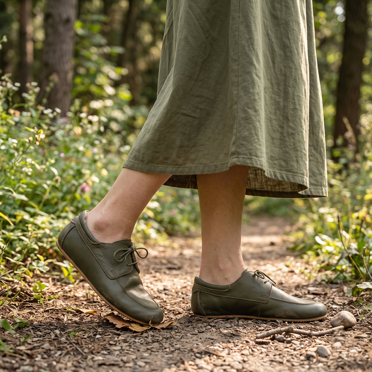 Smooth Barefoot Laces Penny Loafer Shoes – Rubber Sole – Olive Green