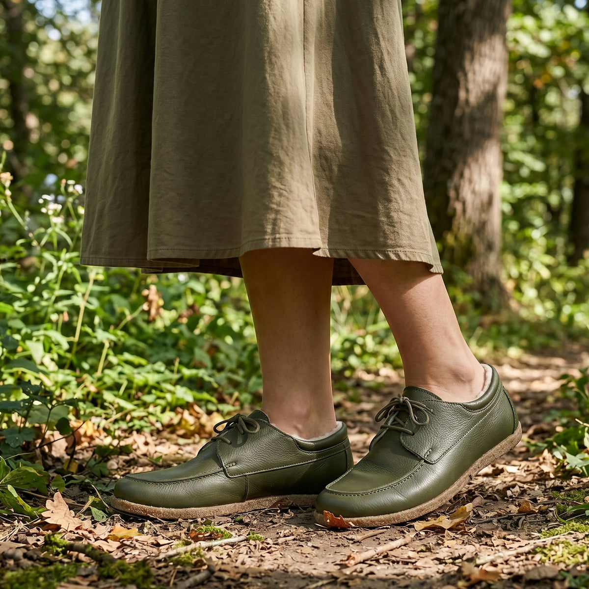 Smooth Barefoot Laces Penny Loafer Shoes – Classic Sole — Leather Sole – Olive Green
