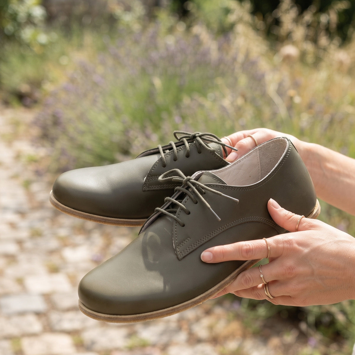 Smooth Barefoot Oxford Shoes – Classic Sole — Leather Sole – Olive Green