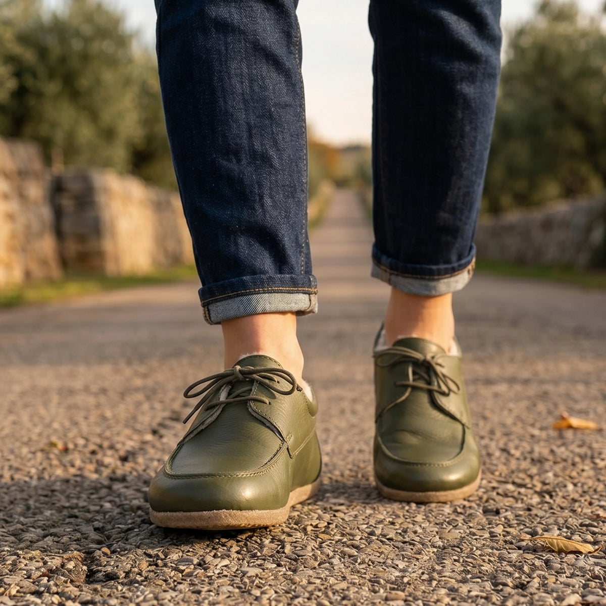 Smooth Barefoot Laces Penny Loafer Shoes – Classic Sole — Leather Sole – Olive Green