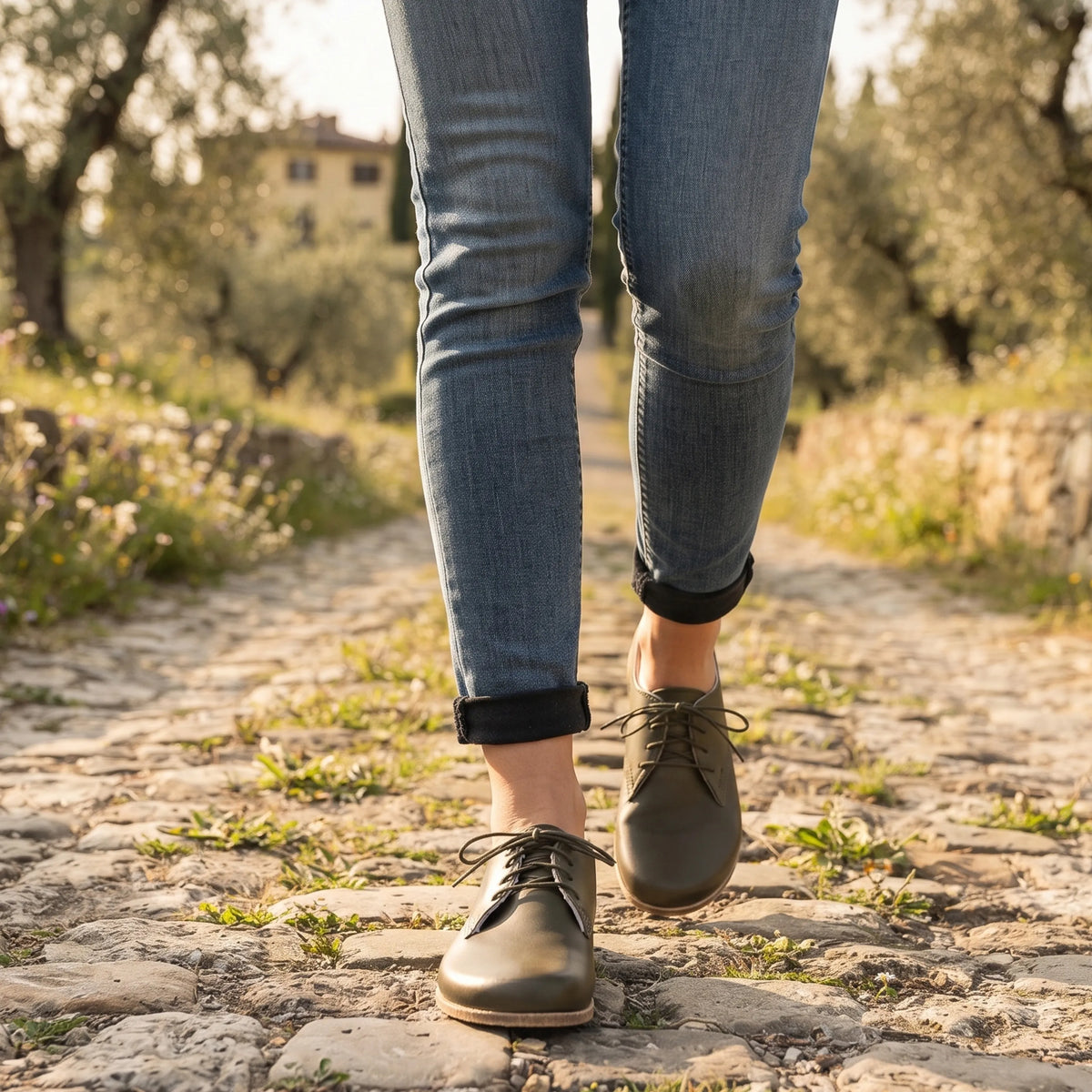 Smooth Barefoot Oxford Shoes — Leather Sole – Olive Green