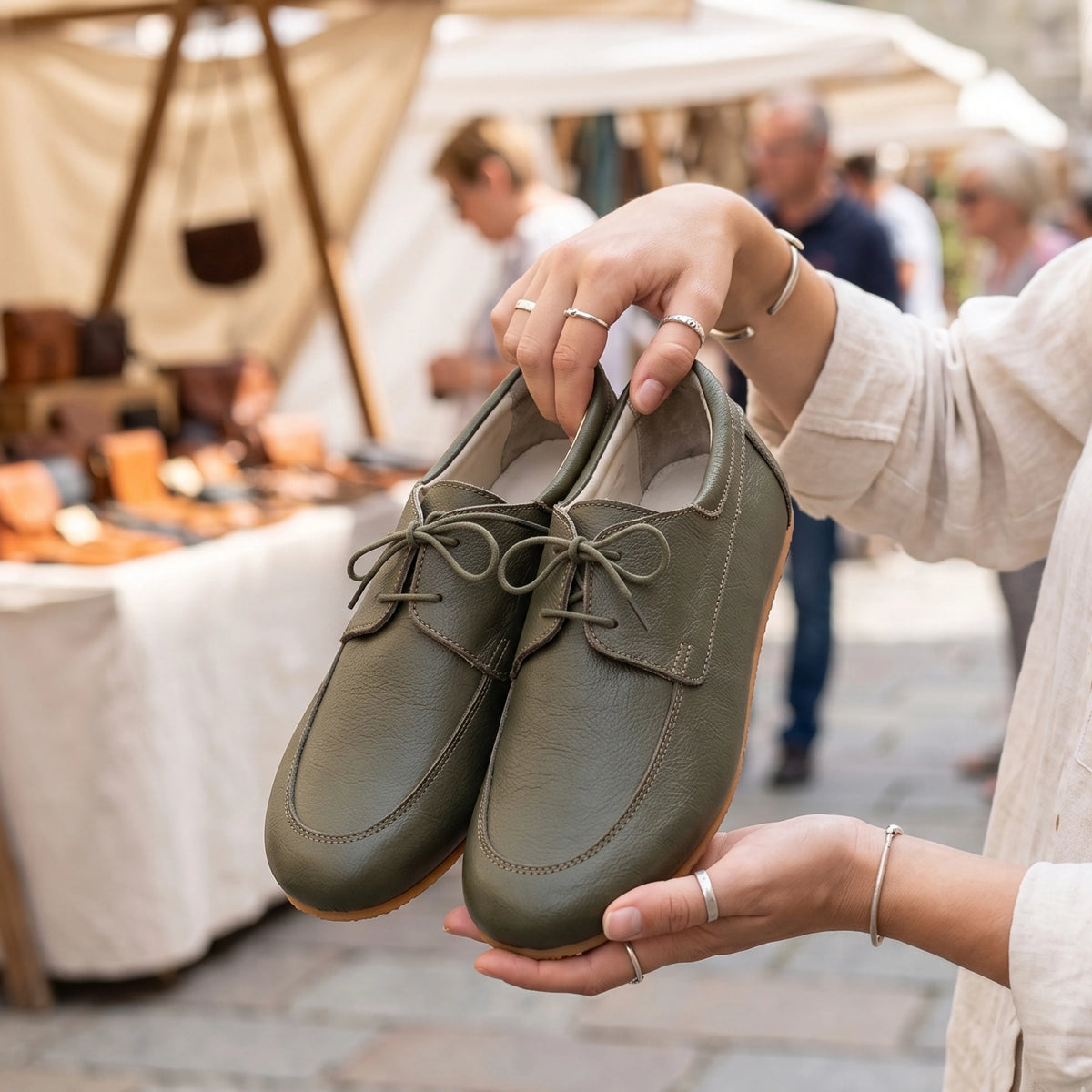Smooth Barefoot Laces Penny Loafer Shoes – Rubber Sole – Olive Green
