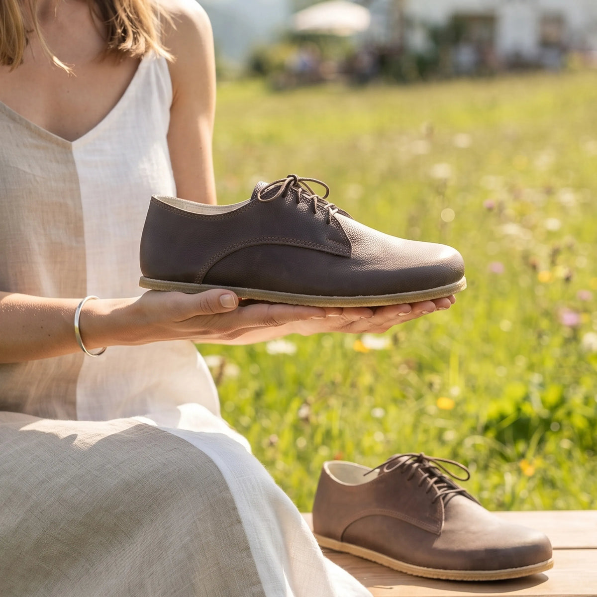 Crazy Barefoot Oxford Shoes – Classic Sole — Leather Sole – Beige Bizon