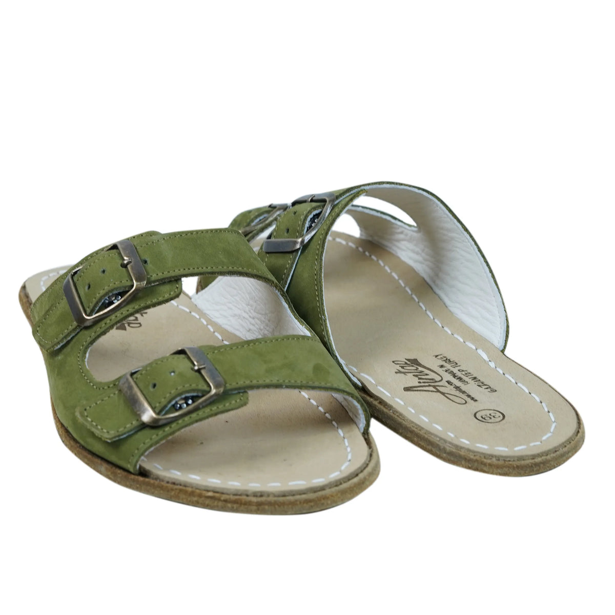Nubuck Barefoot Double Strap Sandals Shoes – Classic Sole — Leather Sole – Green