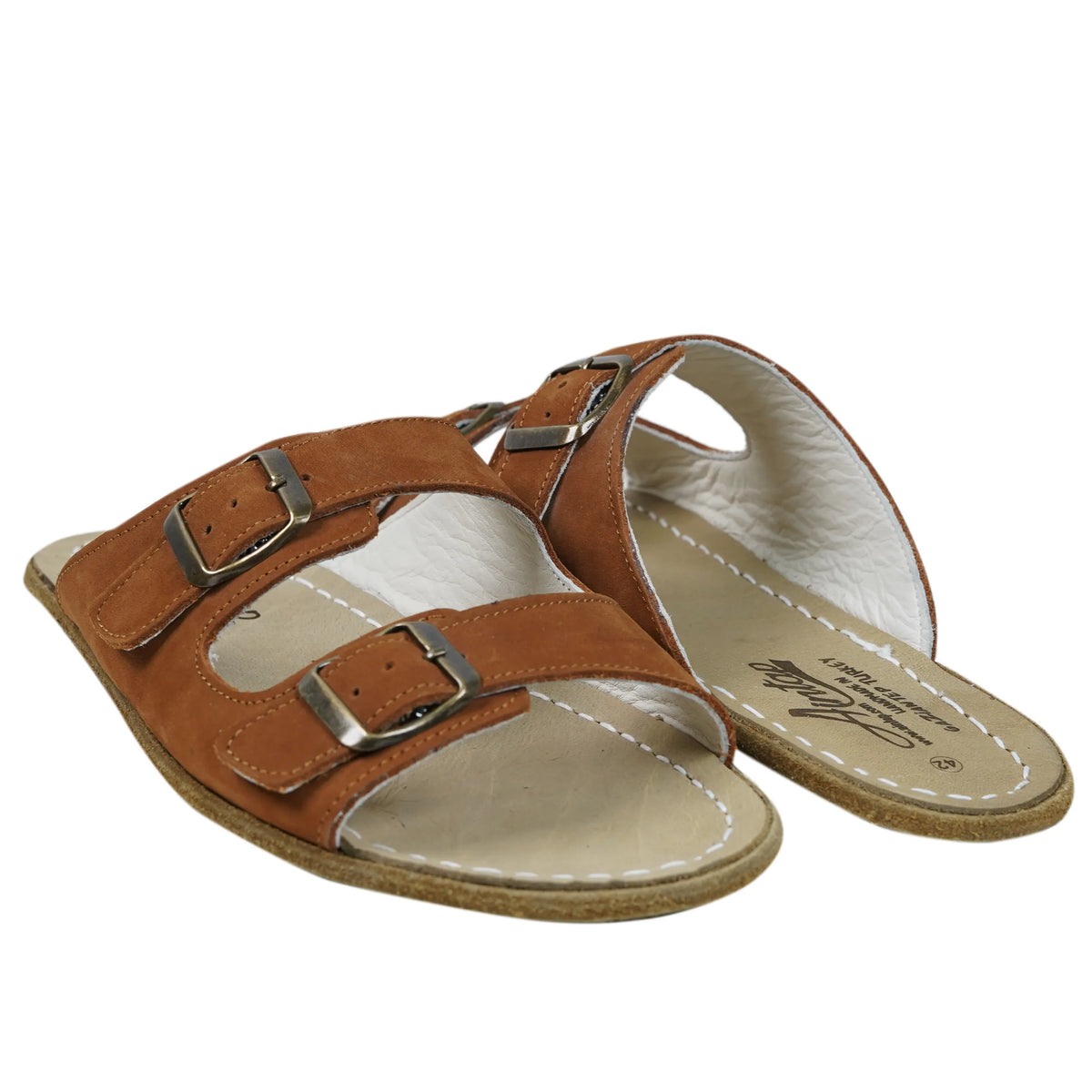 Nubuck Barefoot Double Strap Sandals Shoes – Classic Sole — Leather Sole – Tan