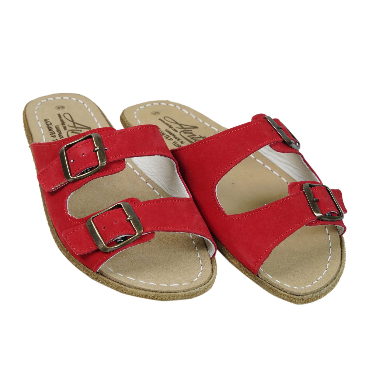 Nubuck Barefoot Double Strap Sandals Shoes – Classic Sole — Leather Sole – Red
