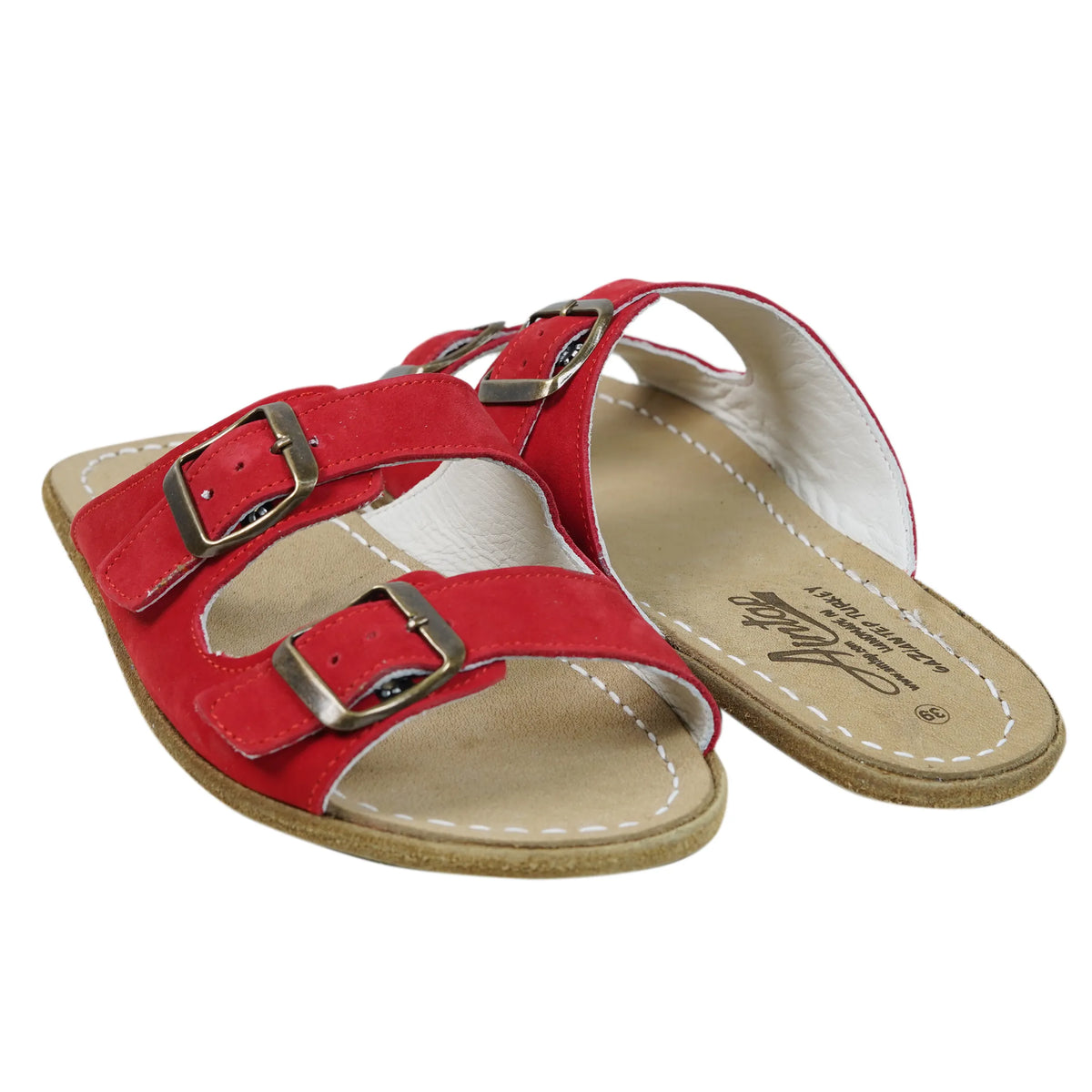 Nubuck Barefoot Double Strap Sandal Shoes – Classic Sole — Leather Sole – Red