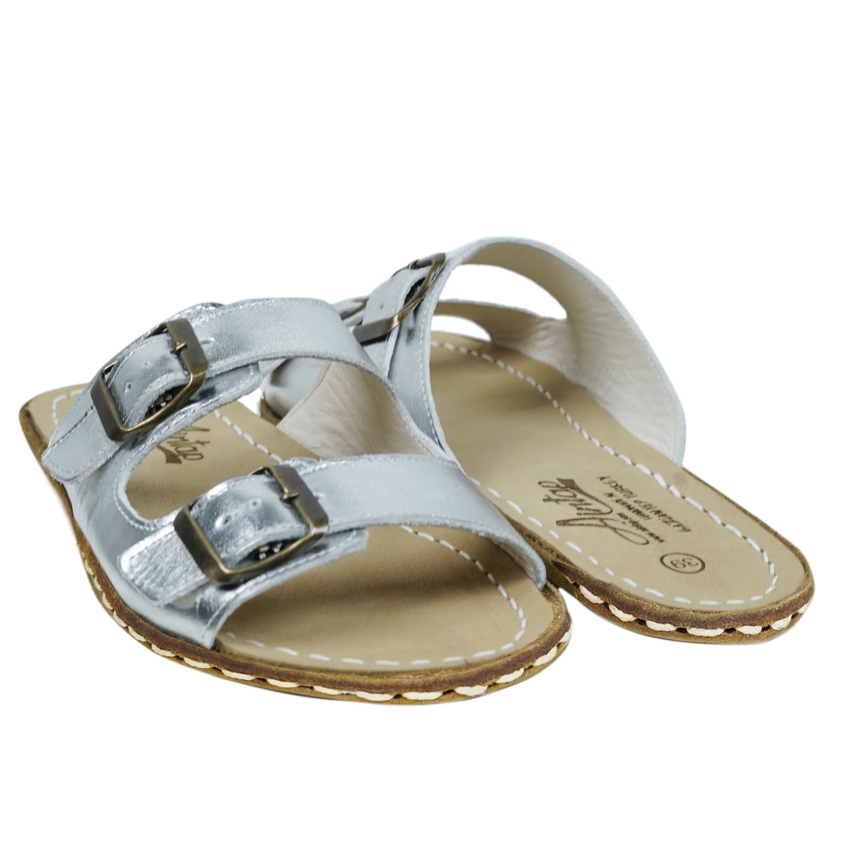 Bright Barefoot Double Strap Sandals Shoes— Leather Sole – Silver