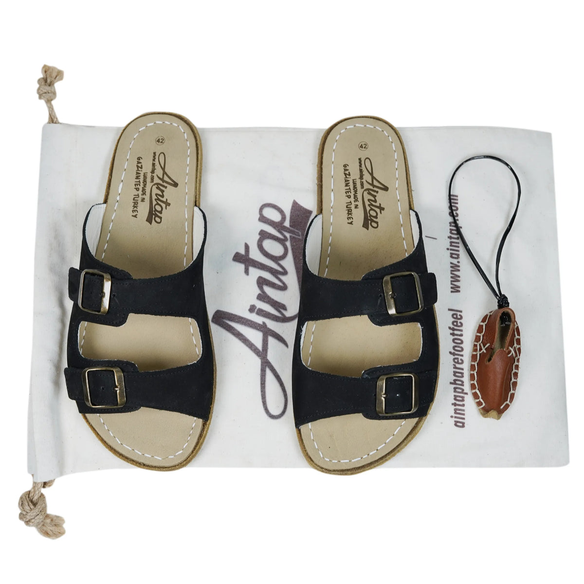 Nubuck Barefoot Double Strap Sandal Shoes – Classic Sole — Leather Sole – Black